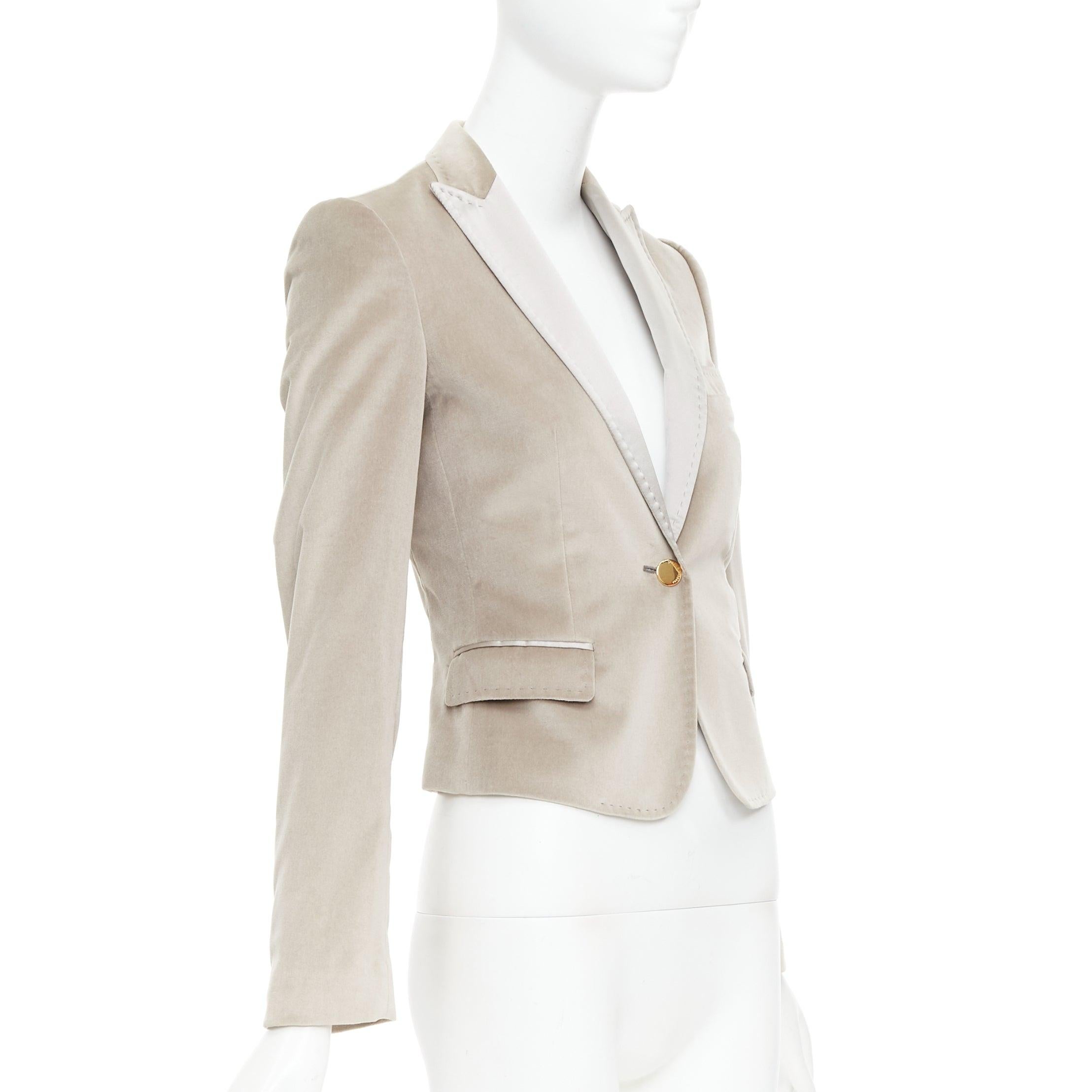 DOLCE GABBANA beige velvet satin peak lapel cropped tux blazer IT36 XXS In Good Condition For Sale In Hong Kong, NT