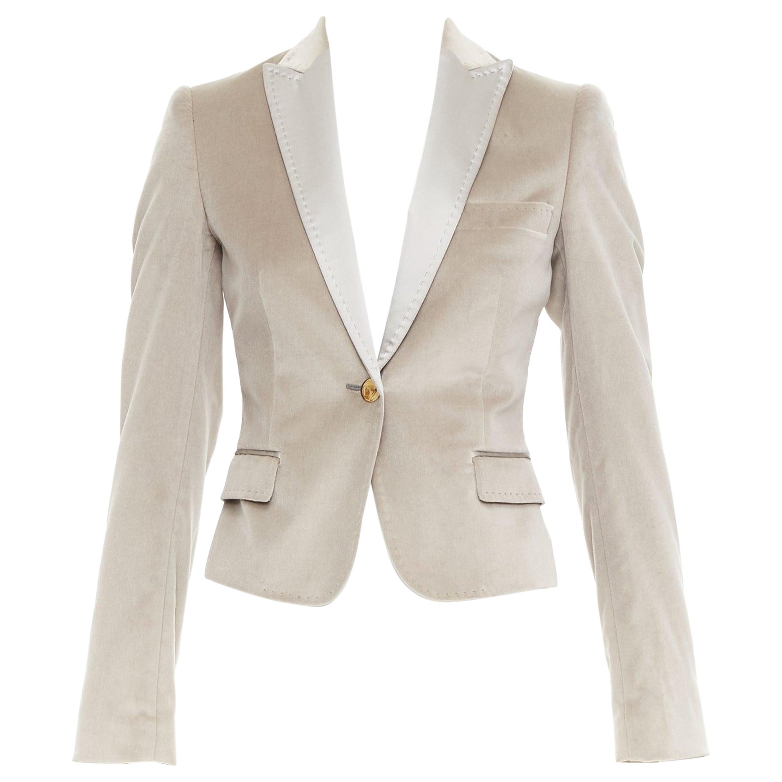 DOLCE GABBANA beigefarbener Samt-Satin-Smoking-Blazer mit Spitzenrevers IT36 XXS