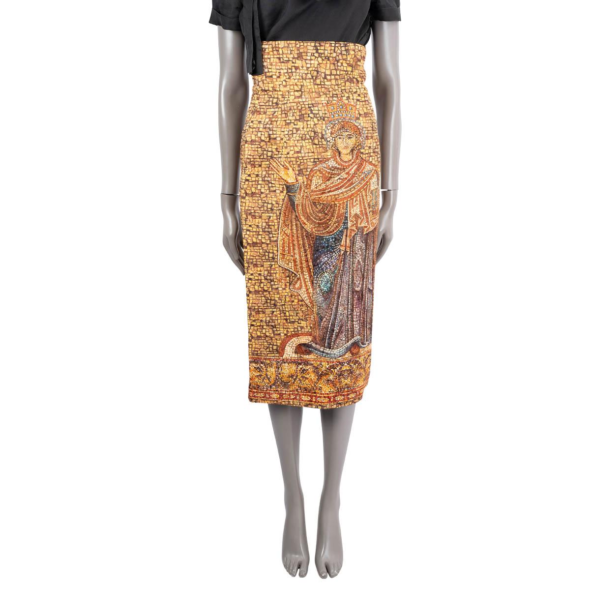 100% authentic Dolce & Gabbana Byzantine high waisted pencil skirt in brown, mustard , eggplant, grey and rust wool (88%) and silk (12%). Opens with a hidden zipper at the back and is lined in nude silk (96%) and elastane (4%). Has been worn and is