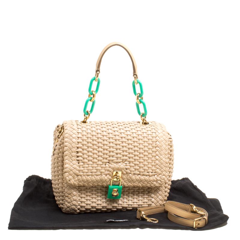 Dolce & Gabbana Beige Woven Leather Padlock Top Handle Bag 6