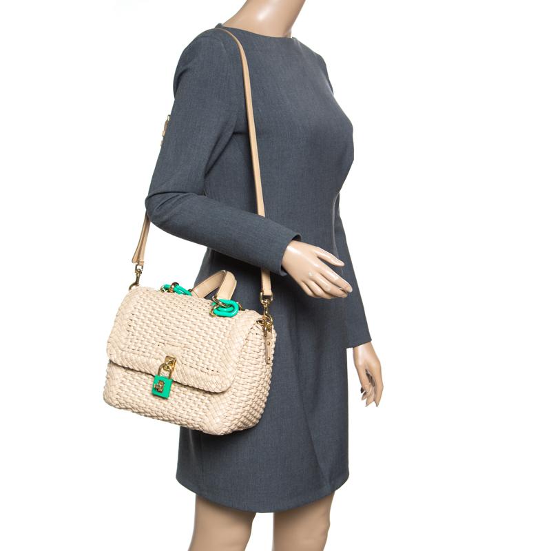 Dolce & Gabbana Beige Woven Leather Padlock Top Handle Bag In Good Condition In Dubai, Al Qouz 2