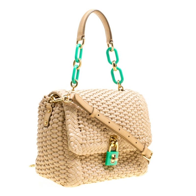 Dolce and Gabbana Beige Woven Leather Padlock Top Handle Bag For Sale ...
