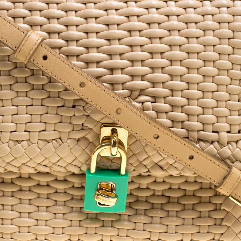 Dolce and Gabbana Beige Woven Leather Padlock Top Handle Bag For Sale ...