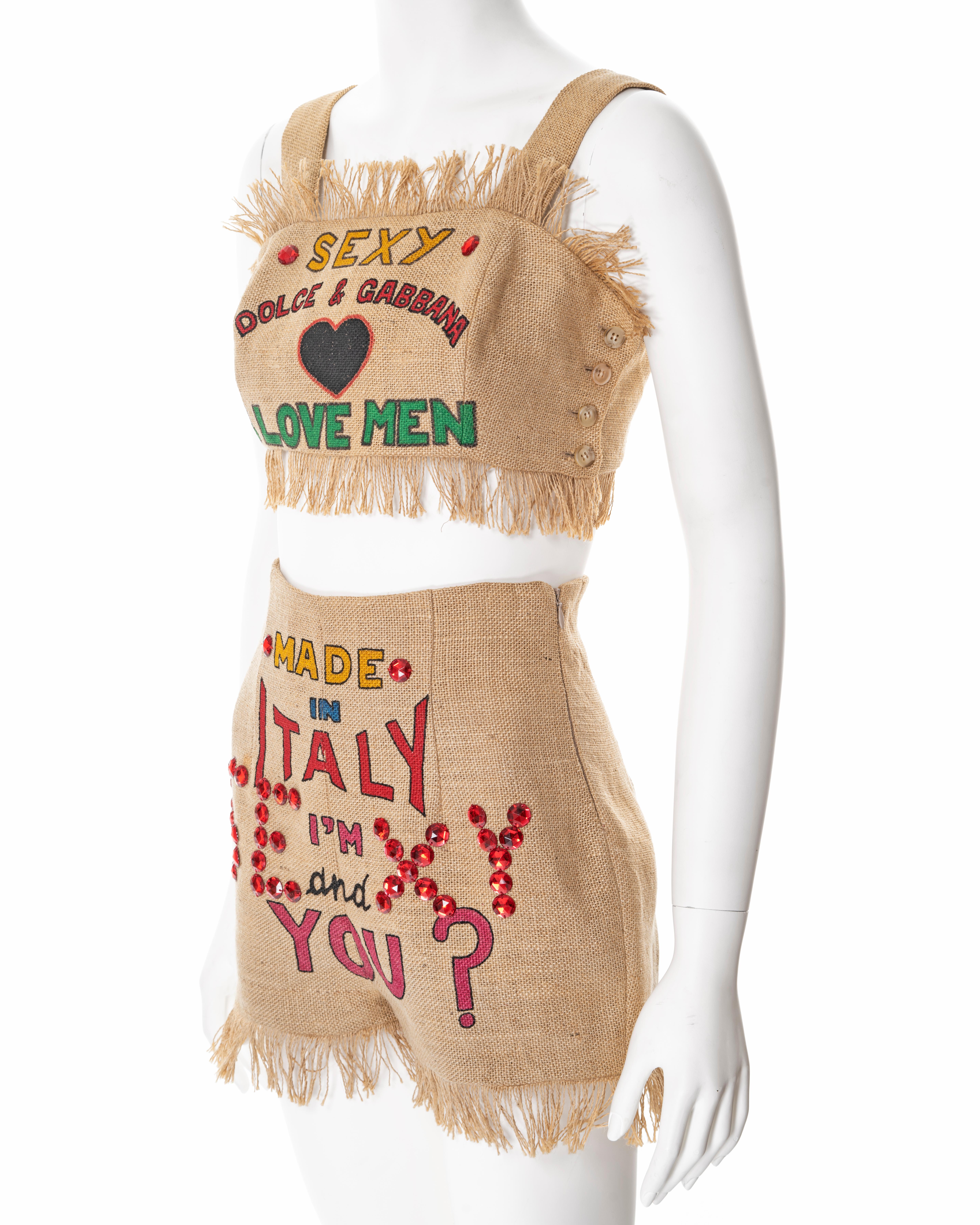Dolce & Gabbana bejewelled hand-painted jute two piece set , ss 1992 For Sale 7