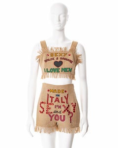 Dolce & Gabbana bejewelled hand-painted jute two piece set , ss 1992