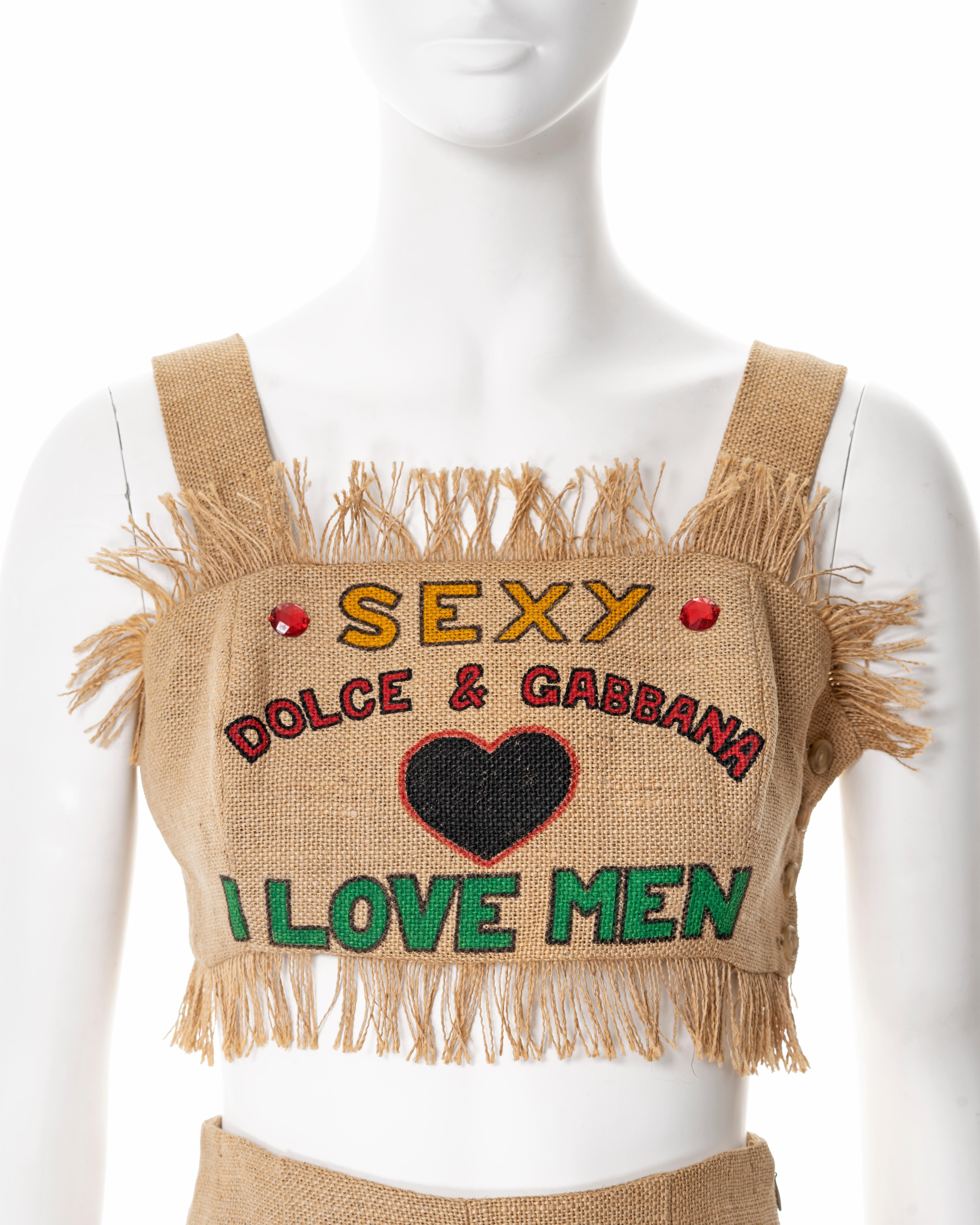 Women's Dolce & Gabbana bejewelled hand-painted jute two piece set , ss 1992 For Sale