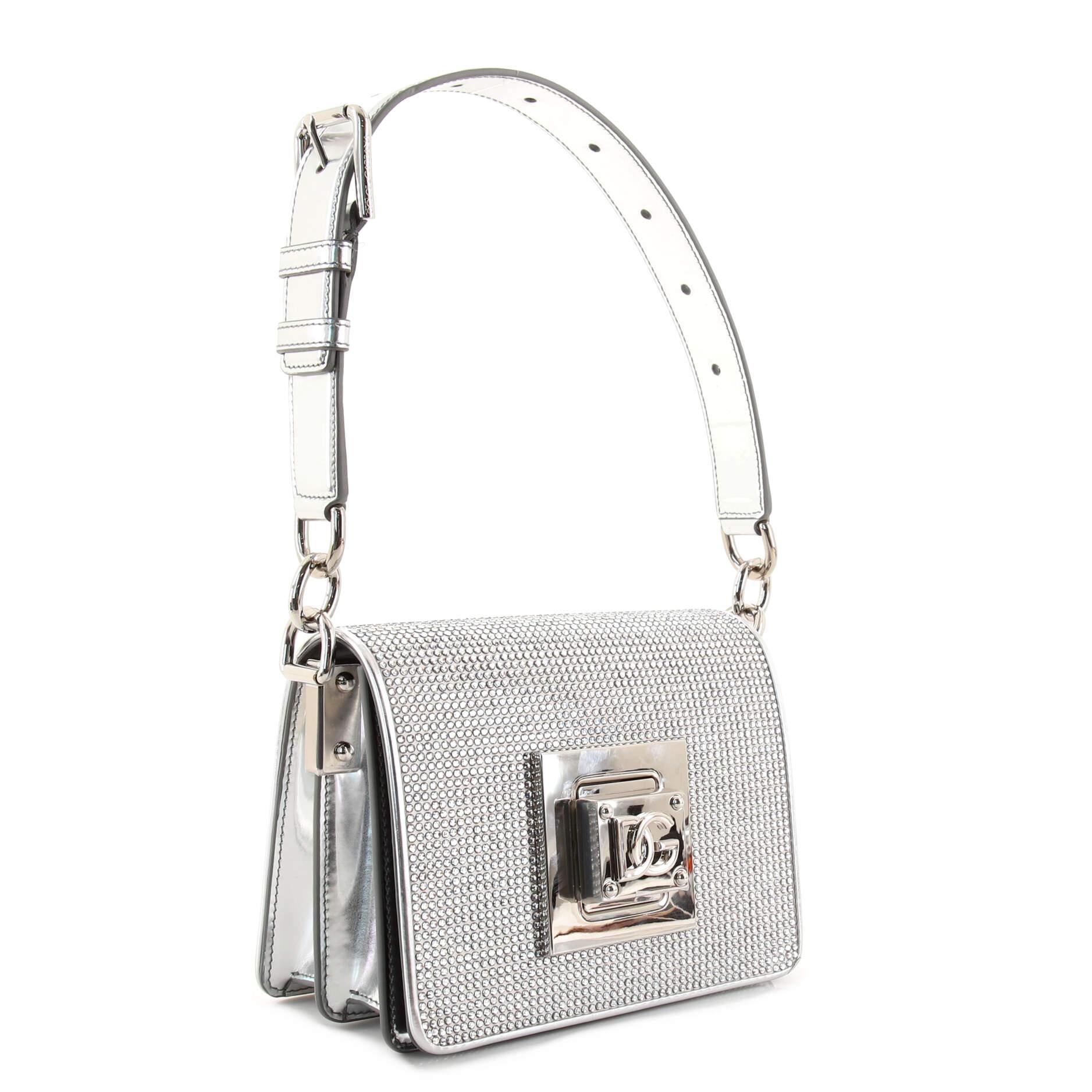 Gray Dolce & Gabbana Bella Cubo Flap Bag Crystal Embellished Leather Small