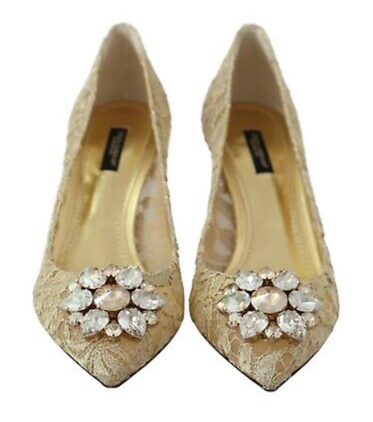 Dolce and Gabbana Bellucci Pumps Shoes Gold Lace Crystal Heels at 1stDibs