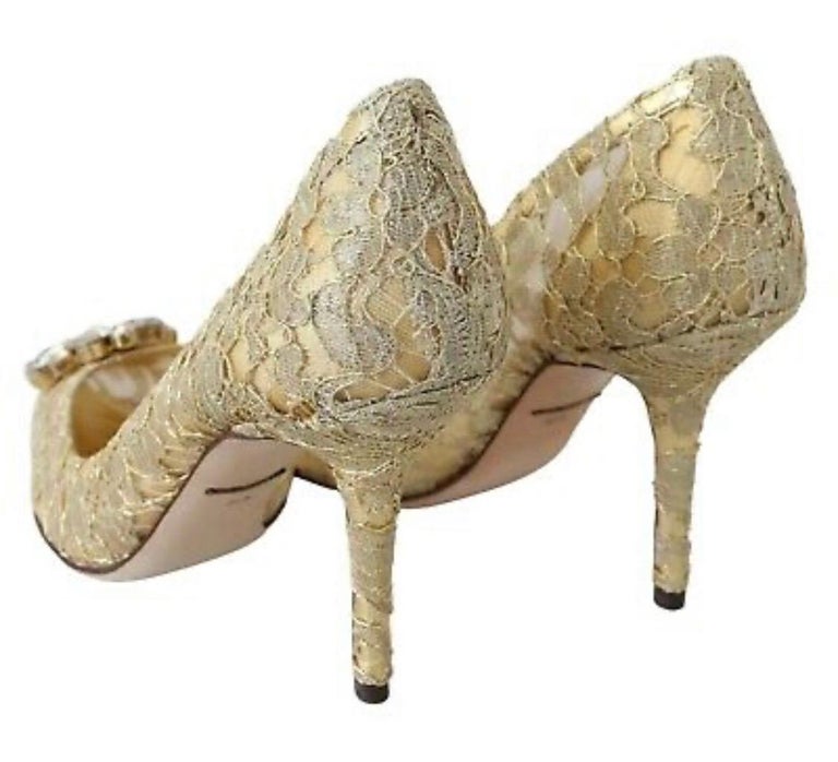 Dolce and Gabbana Bellucci Pumps Shoes Gold Lace Crystal Heels at 1stDibs
