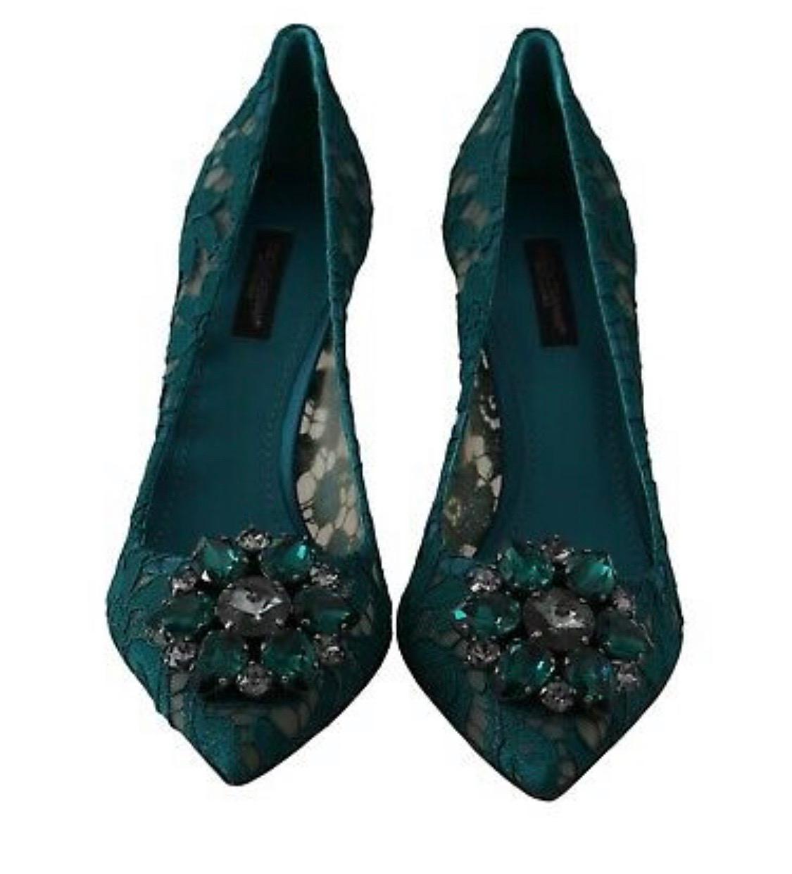 Black Dolce & Gabbana Bellucci Pumps Shoes Green Lace Crystals Heels 