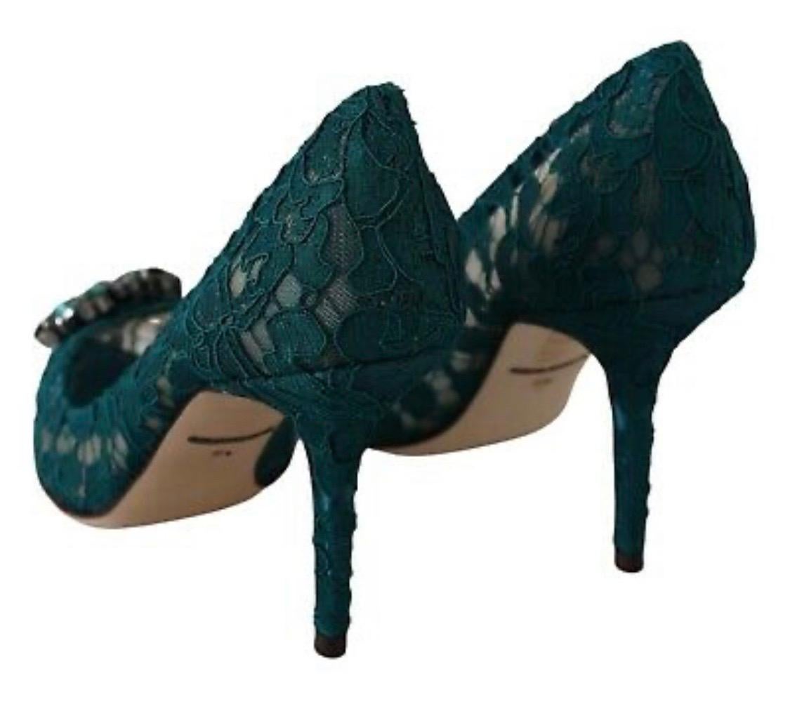 Dolce & Gabbana Bellucci Pumps Shoes Green Lace Crystals Heels  In New Condition In WELWYN, GB