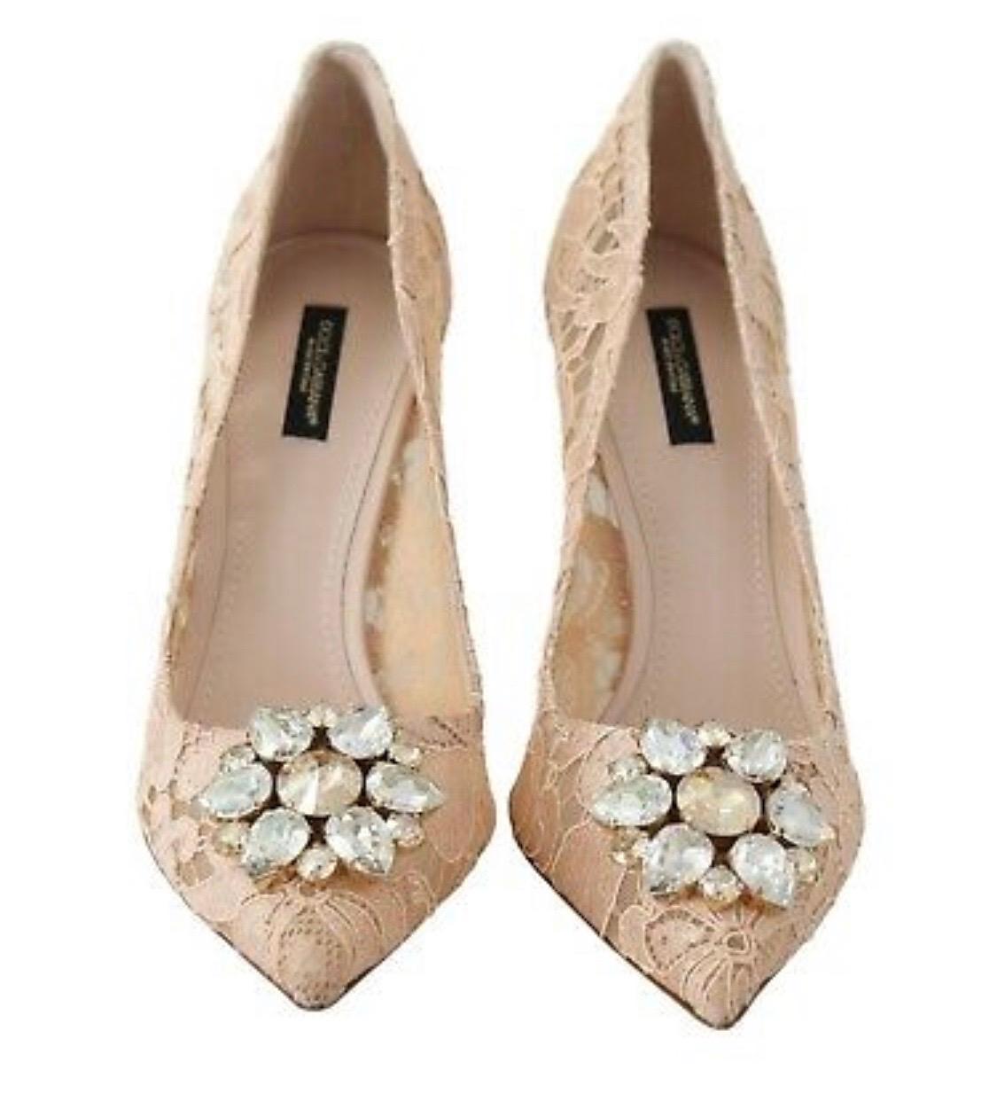 Women's Dolce & Gabbana Bellucci Pumps Shoes Pink Beige Lace Crystal Heels  For Sale