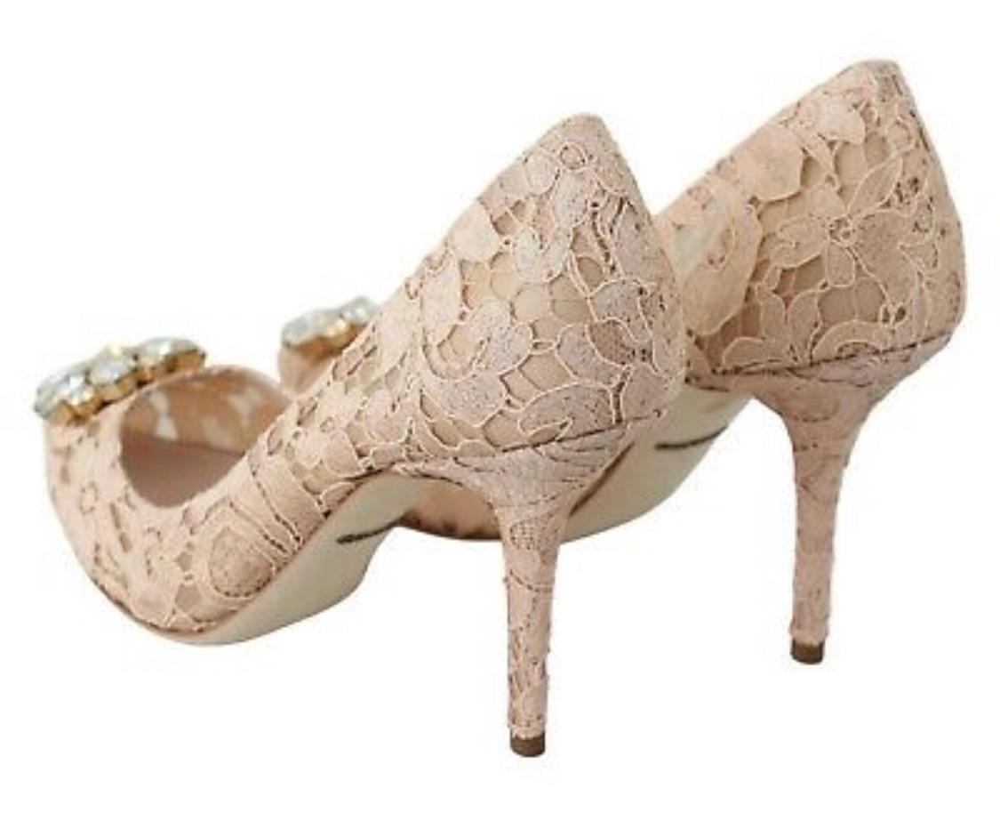 Dolce & Gabbana Bellucci Pumps Shoes Pink Beige Lace Crystal Heels  For Sale 1