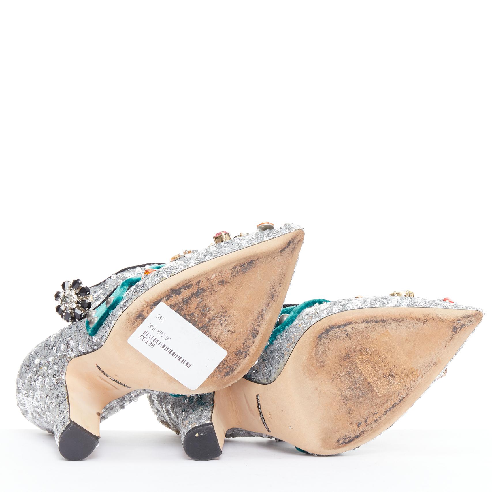 DOLCE GABBANA Bellucci  silver glitter rhinestone green velvet heels EU36 For Sale 7