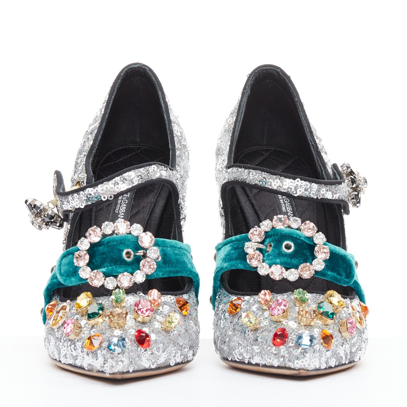 Gray DOLCE GABBANA Bellucci  silver glitter rhinestone green velvet heels EU36 For Sale