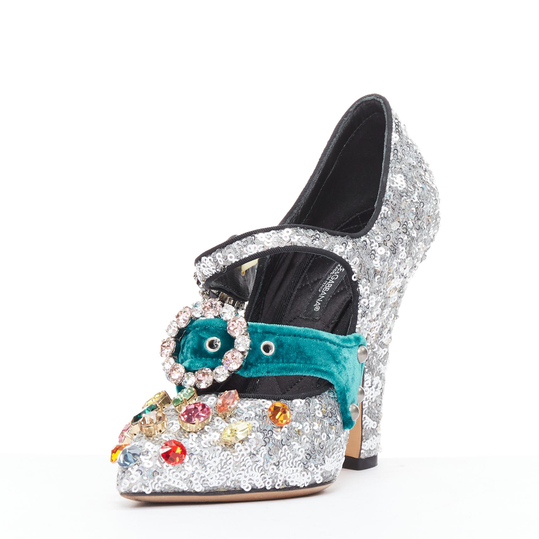 DOLCE GABBANA Bellucci  silver glitter rhinestone green velvet heels EU36 In Good Condition For Sale In Hong Kong, NT