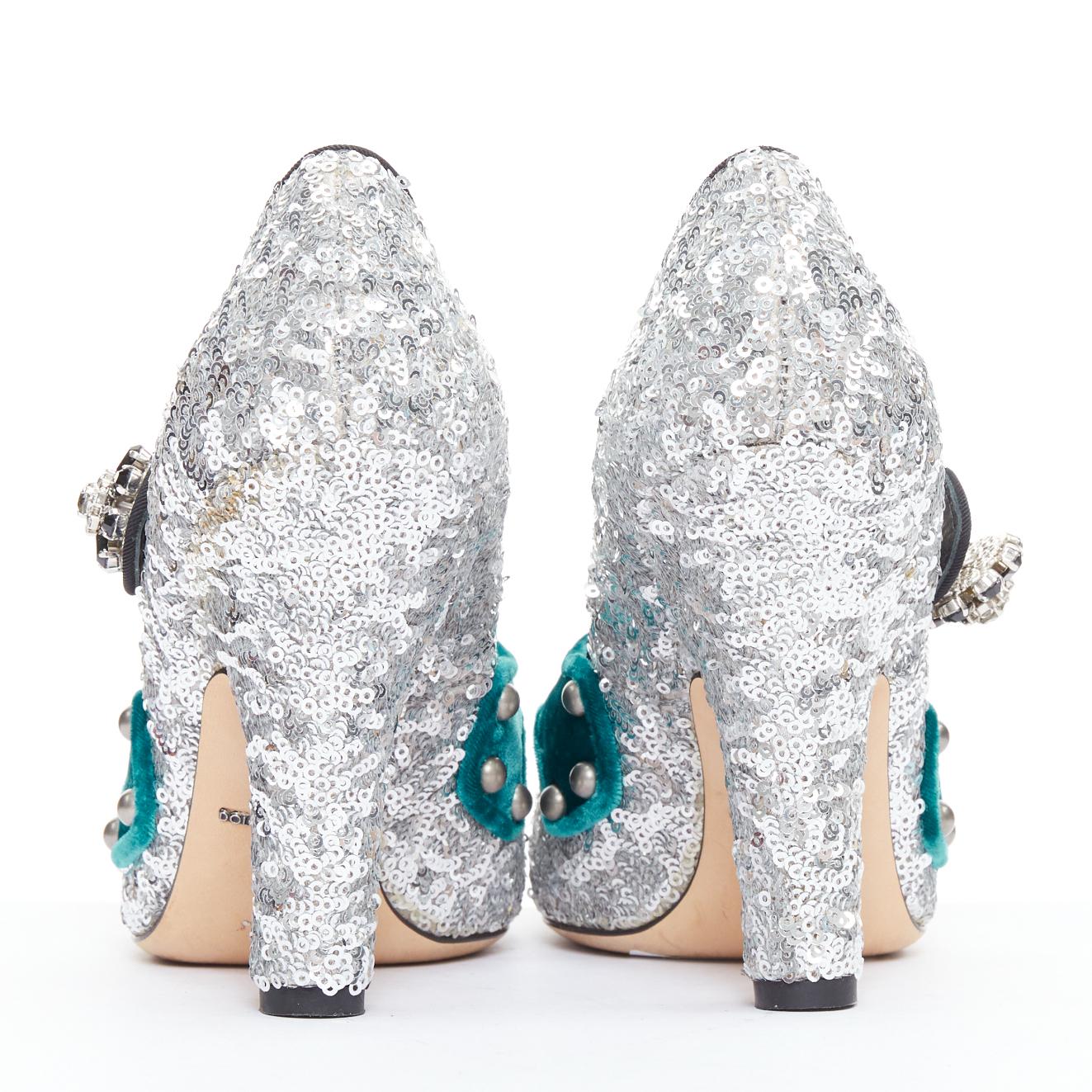 Women's DOLCE GABBANA Bellucci  silver glitter rhinestone green velvet heels EU36 For Sale