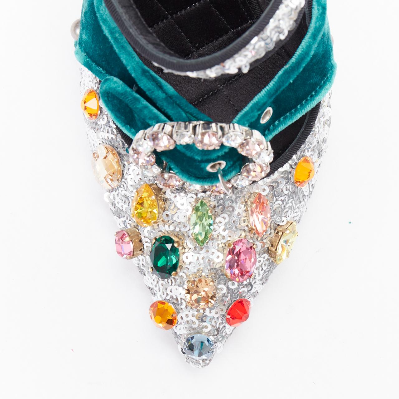 DOLCE GABBANA Bellucci  silver glitter rhinestone green velvet heels EU36 For Sale 1
