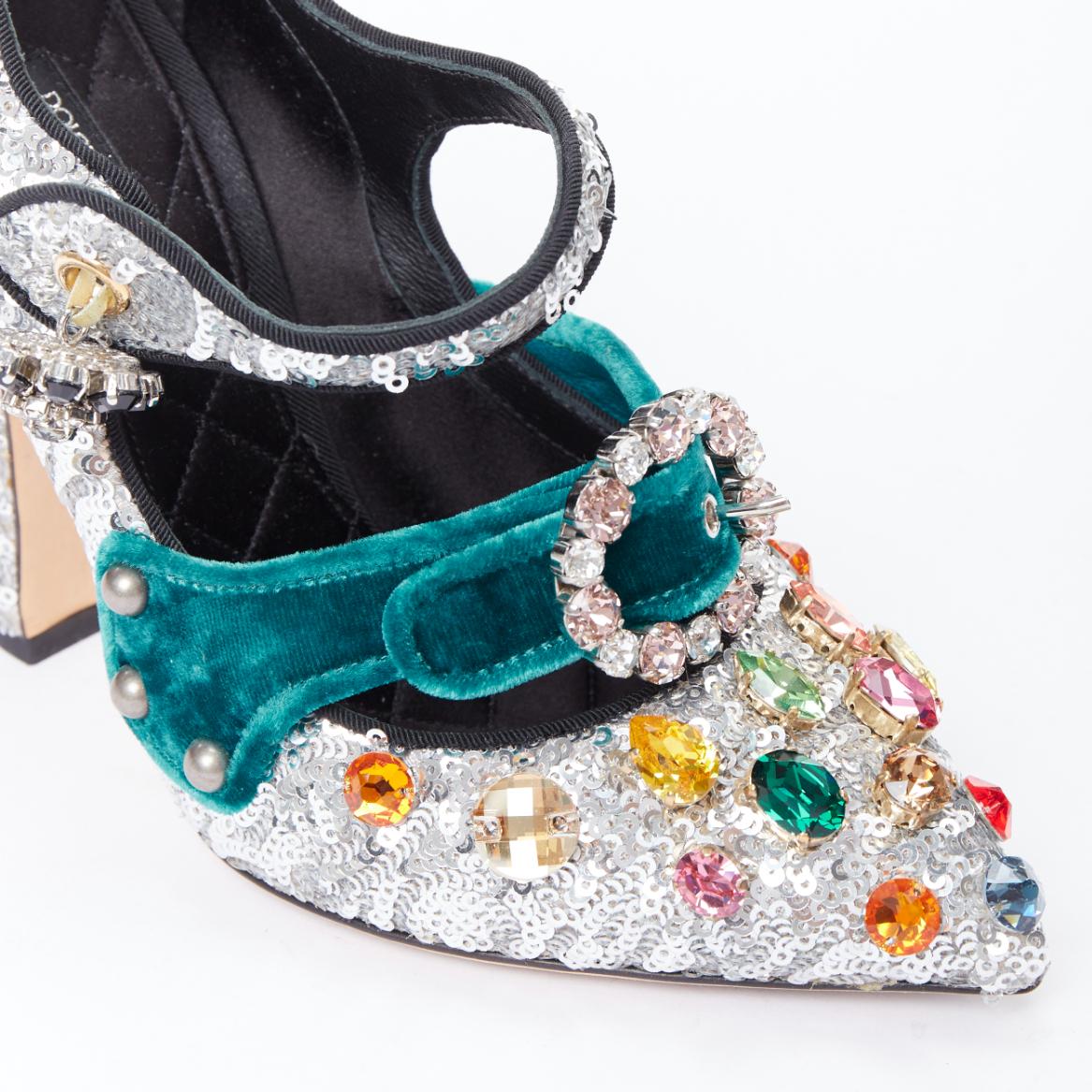 DOLCE GABBANA Bellucci  silver glitter rhinestone green velvet heels EU36 For Sale 2