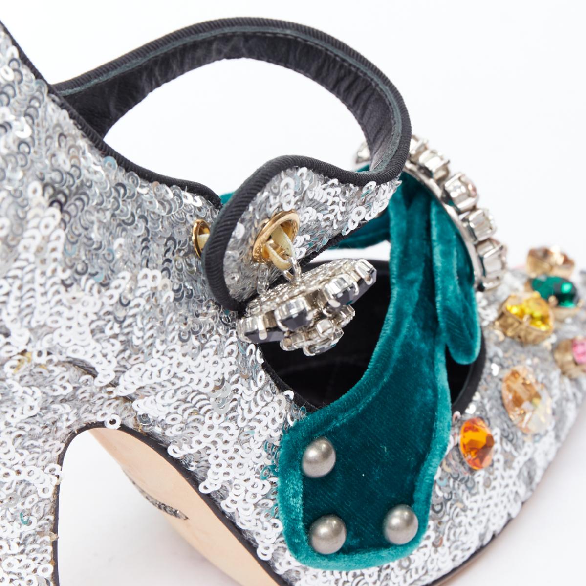 DOLCE GABBANA Bellucci  silver glitter rhinestone green velvet heels EU36 For Sale 3