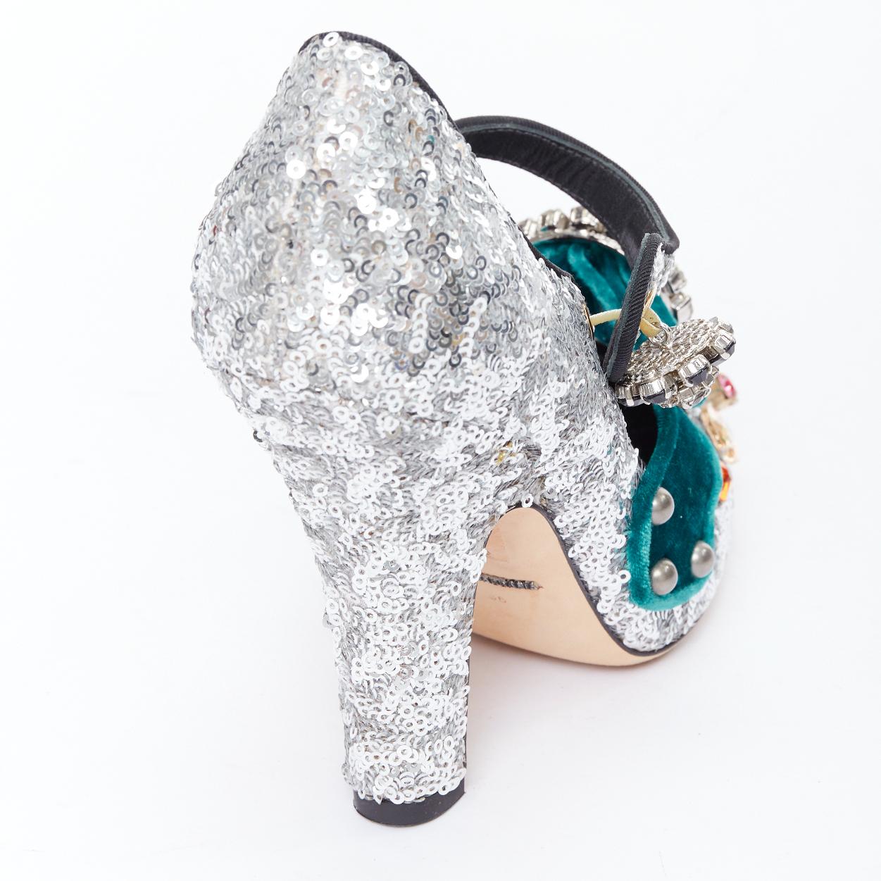 DOLCE GABBANA Bellucci  silver glitter rhinestone green velvet heels EU36 For Sale 4