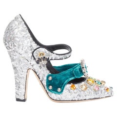 DOLCE GABBANA Bellucci  silver glitter rhinestone green velvet heels EU36