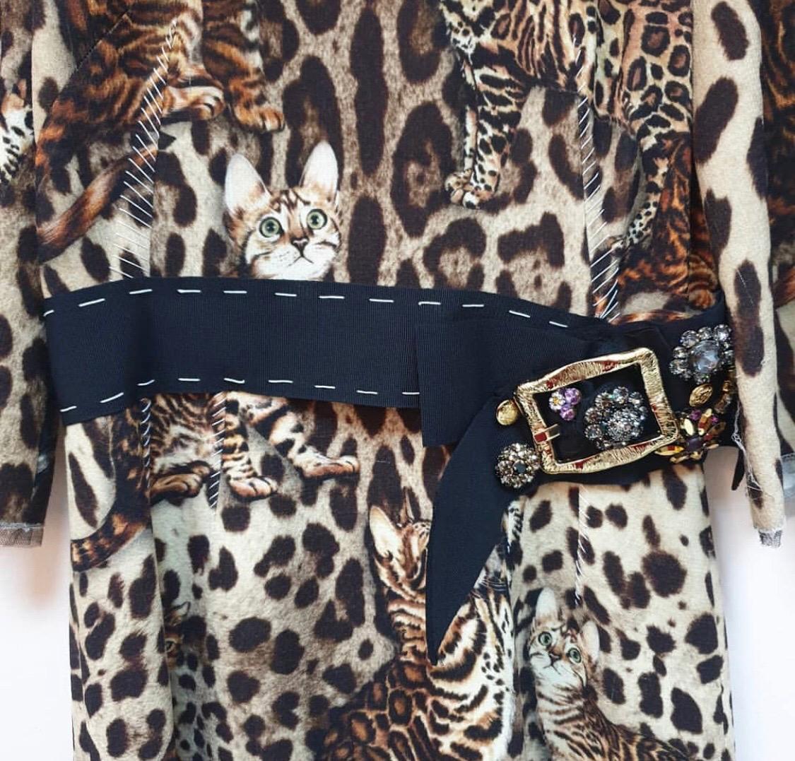 Dolce and Gabbana Belted Bengal Cat Print Cady Midi Dress For Sale at ...
