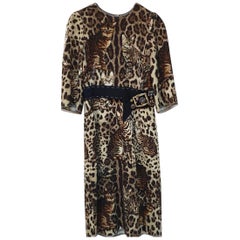 Dolce & Gabbana Belted Bengal Cat Print Cady Midi Dress