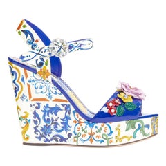 DOLCE GABBANA Bianca Cuñas de plataforma con adorno floral y estampado de mayólica EU38.5