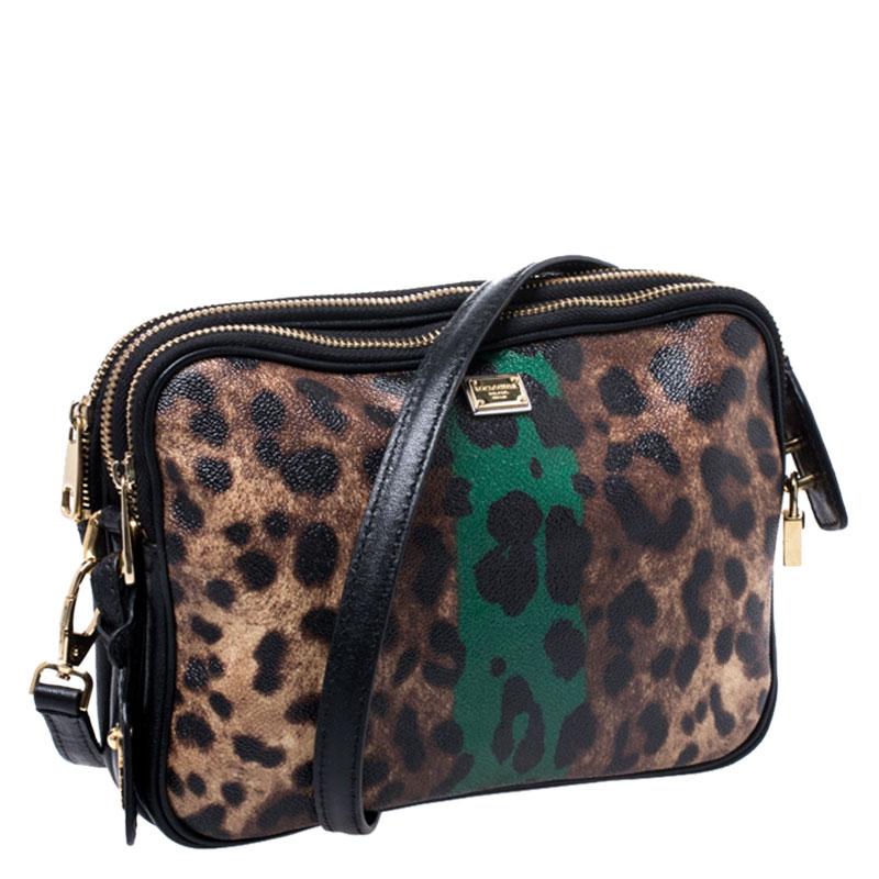 Dolce & Gabbana Bicolor Leopard Print Coated Canvas Triple Zip Shoulder Bag In Good Condition In Dubai, Al Qouz 2