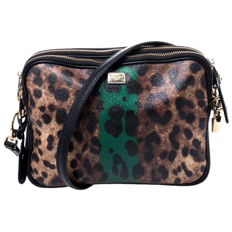 Dolce & Gabbana Bicolor Leopard Print Coated Canvas Triple Zip Shoulder Bag