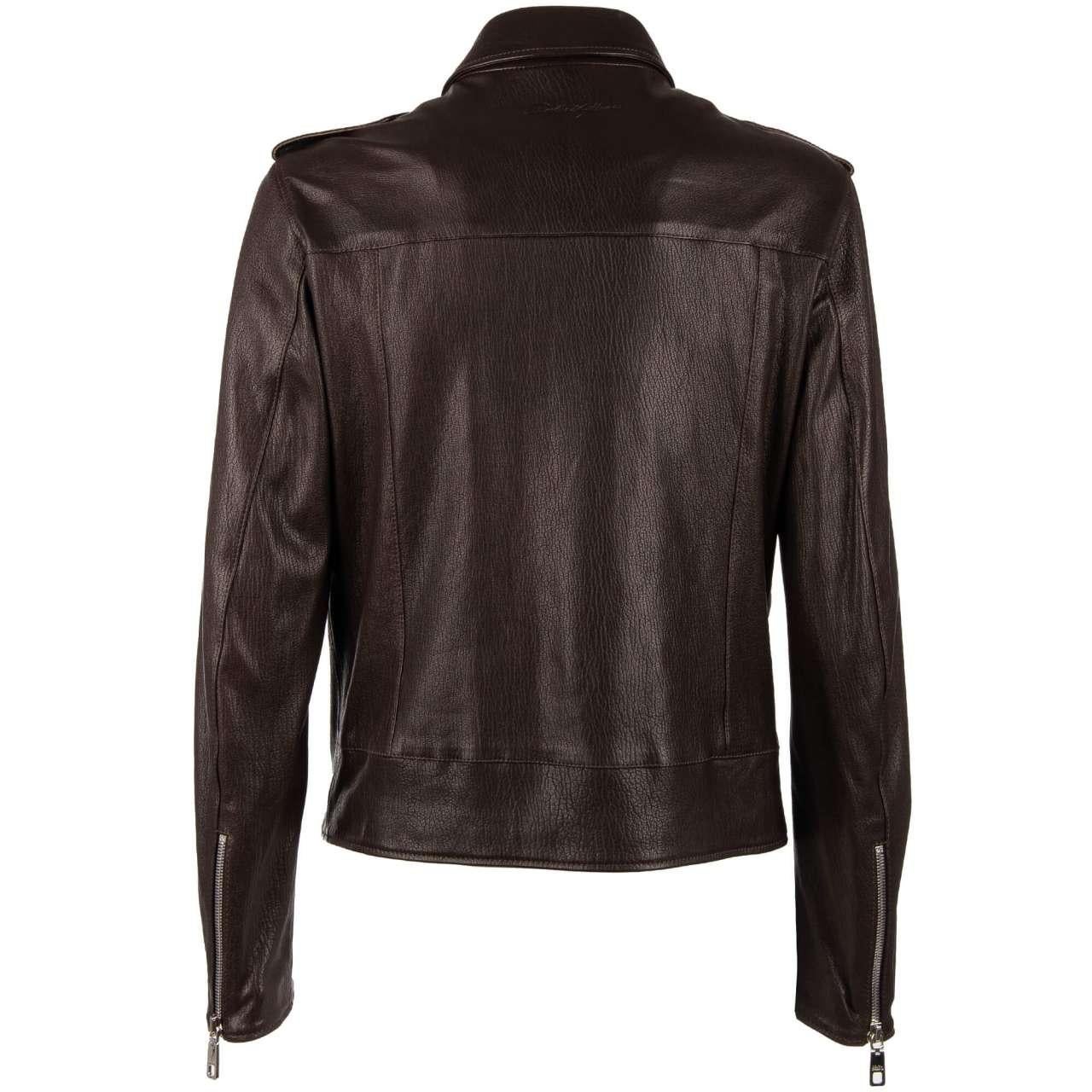 Dolce & Gabbana - Biker Leather Jacket with many Pockets Brown 46 In Excellent Condition For Sale In Erkrath, DE