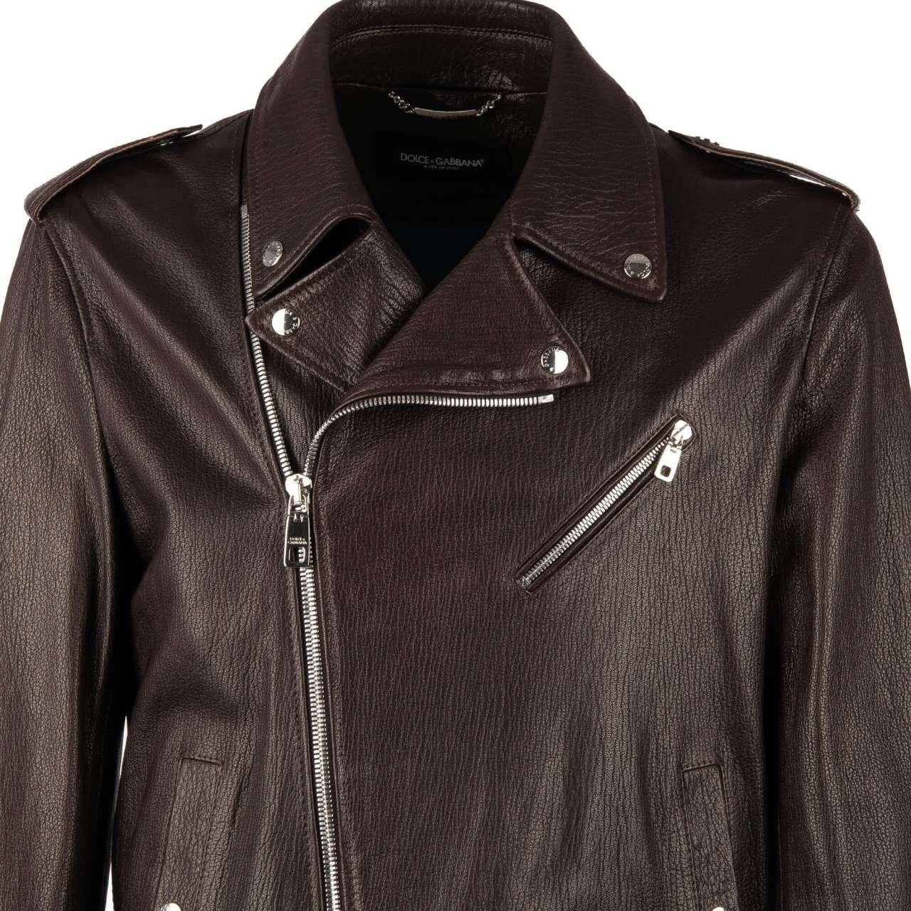 Men's Dolce & Gabbana - Biker Leather Jacket with many Pockets Brown 46 For Sale