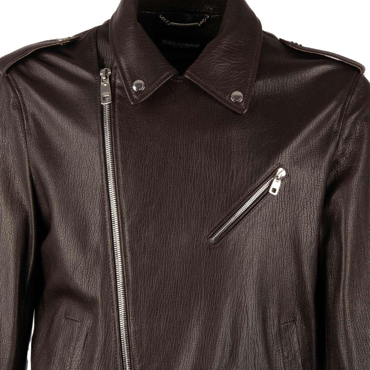 Dolce & Gabbana - Biker Leather Jacket with many Pockets Brown 46 For Sale 2