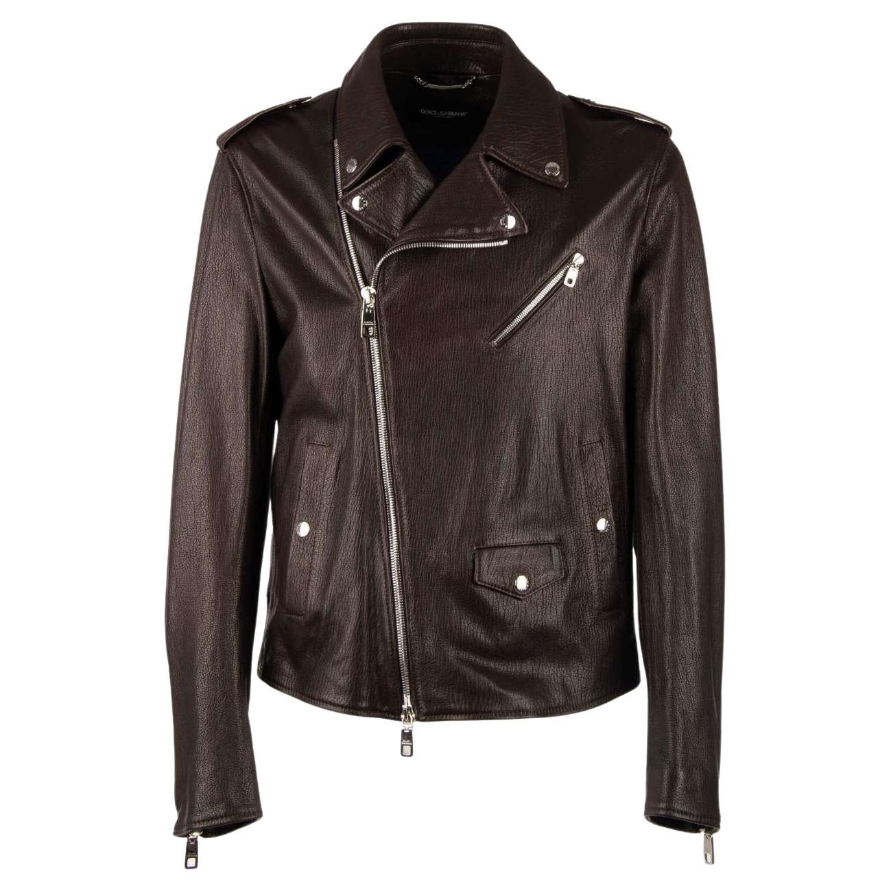 Dolce & Gabbana - Biker Leather Jacket with many Pockets Brown 46 For Sale