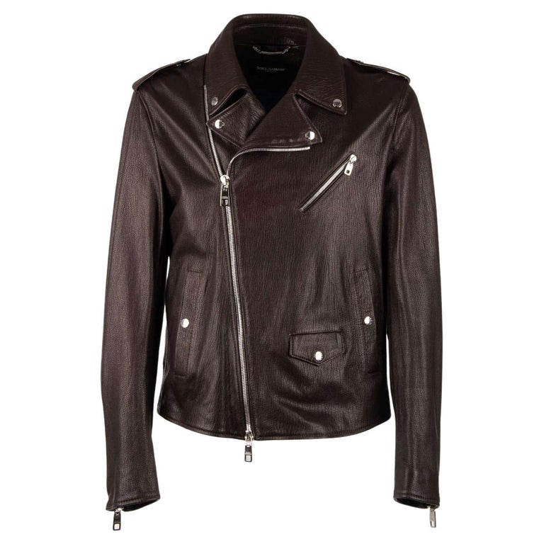 Dolce and Gabbana - Biker Leather Jacket with many Pockets Brown 46 For ...
