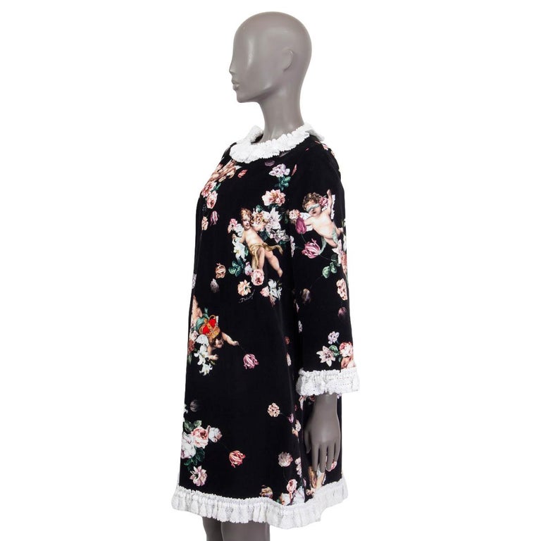 DOLCE and GABBANA nero 2018 VELVET CHERUB PRINT CROCHET TRIM Abito
