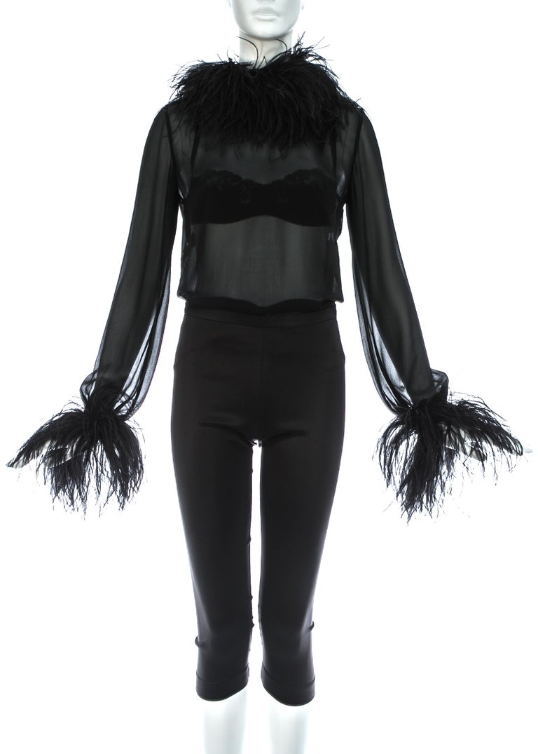 - Silk chiffon loose fitted blouse with ostrich feather trim on collar and cuffs (IT42-FR-38-UK10)
- Black satin bra with lace trim and adjustable straps (IT40-FR-36-UK8)
- Black stretch satin 3/4 length fitted pants (IT38-FR34-UK6)

Autumn-Winter