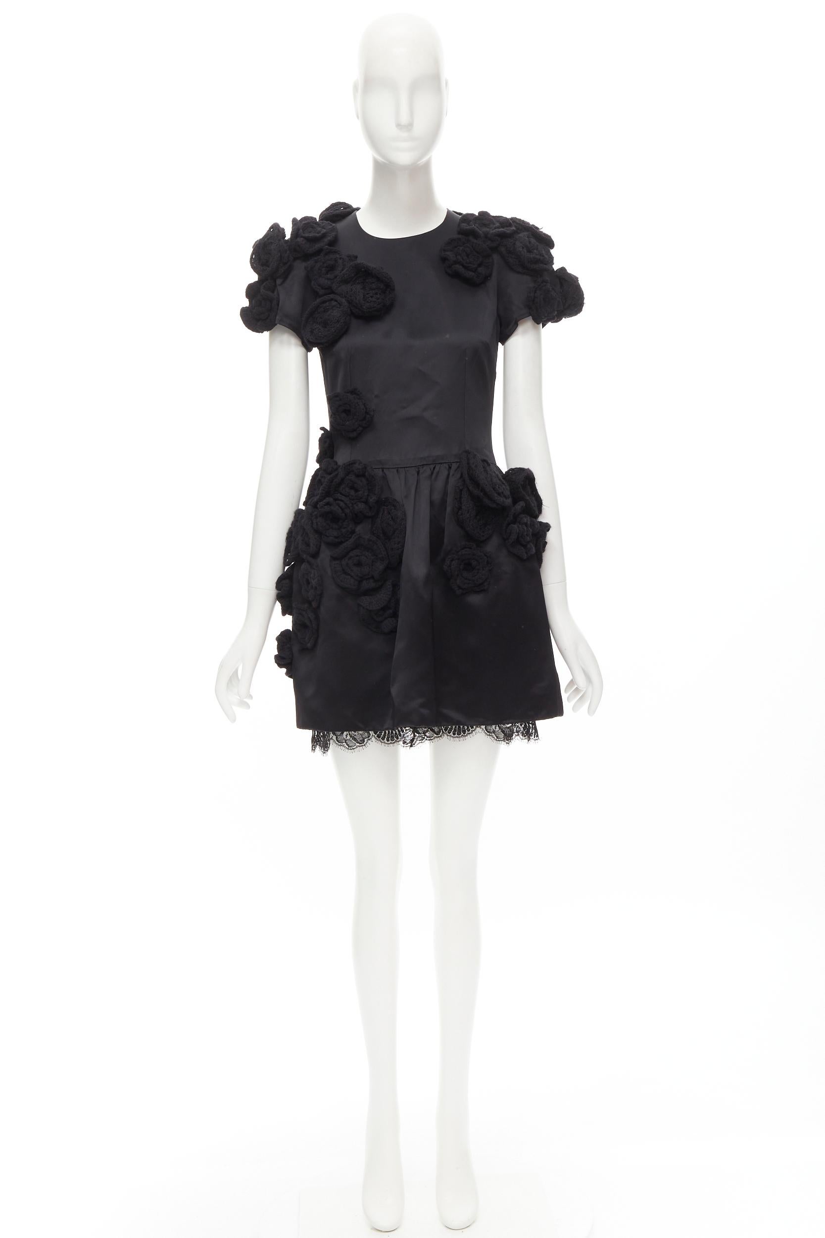 DOLCE GABBANA black 3D wool flower applique lace trimmed dress IT38 XS For Sale 4