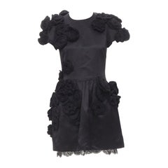 DOLCE GABBANA black 3D wool flower applique lace trimmed dress IT38 XS