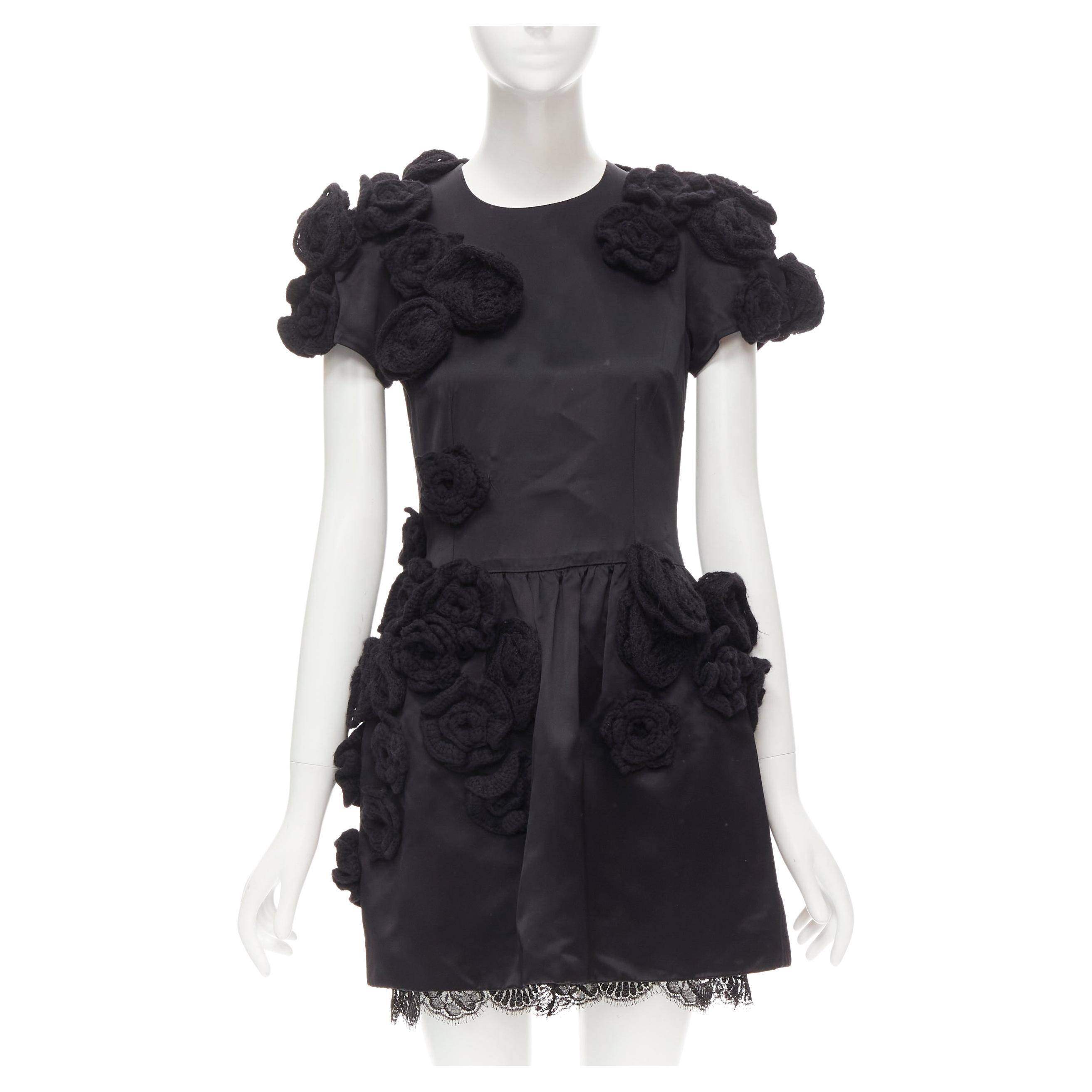 DOLCE GABBANA black 3D wool flower applique lace trimmed dress IT38 XS For Sale