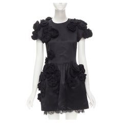 DOLCE GABBANA Schwarzes 3D-Kleid aus Wolle mit Blumenapplikation und Spitzenbesatz IT38 XS