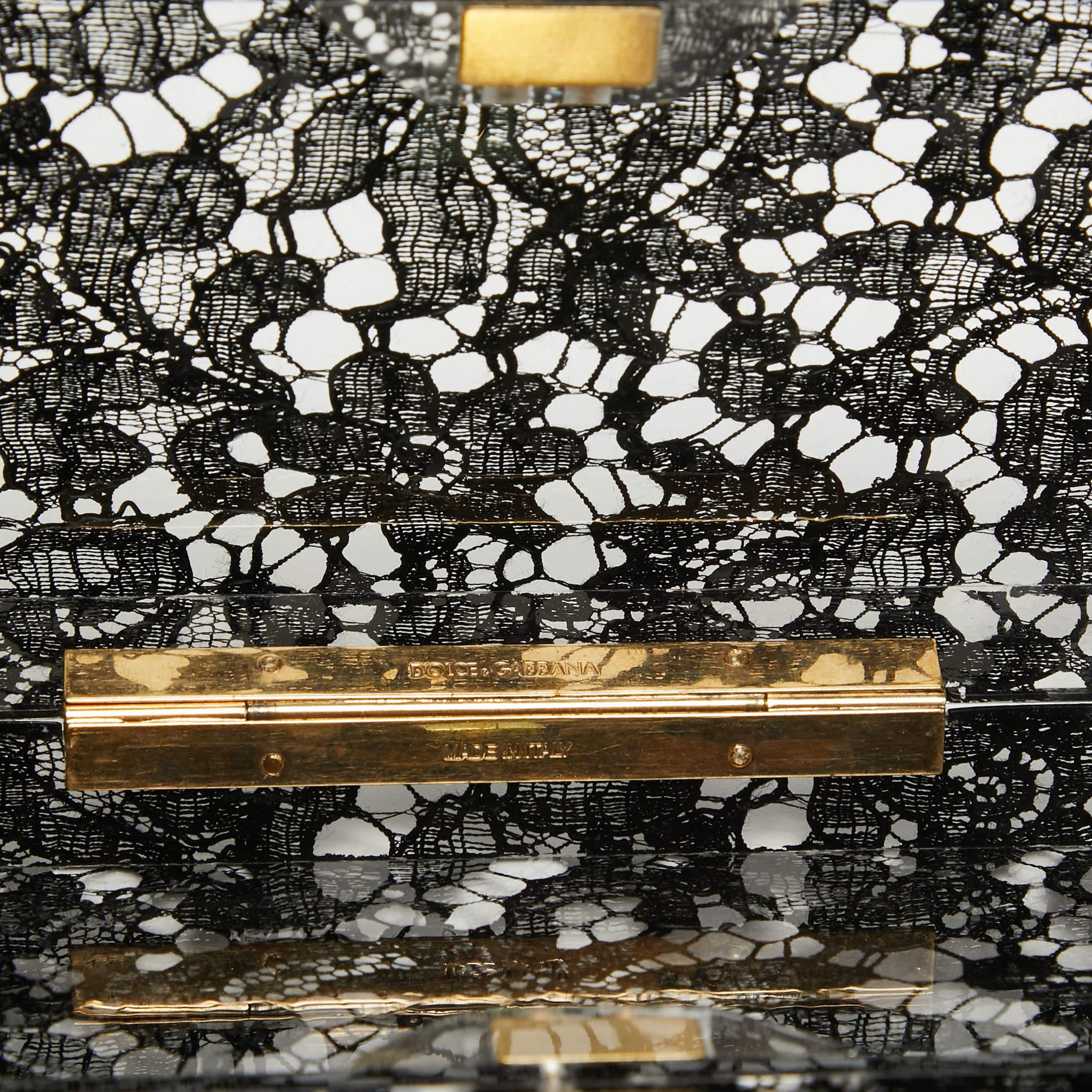 Dolce & Gabbana Black Acrylic Lace Dolce Box Clutch In Good Condition For Sale In Dubai, Al Qouz 2