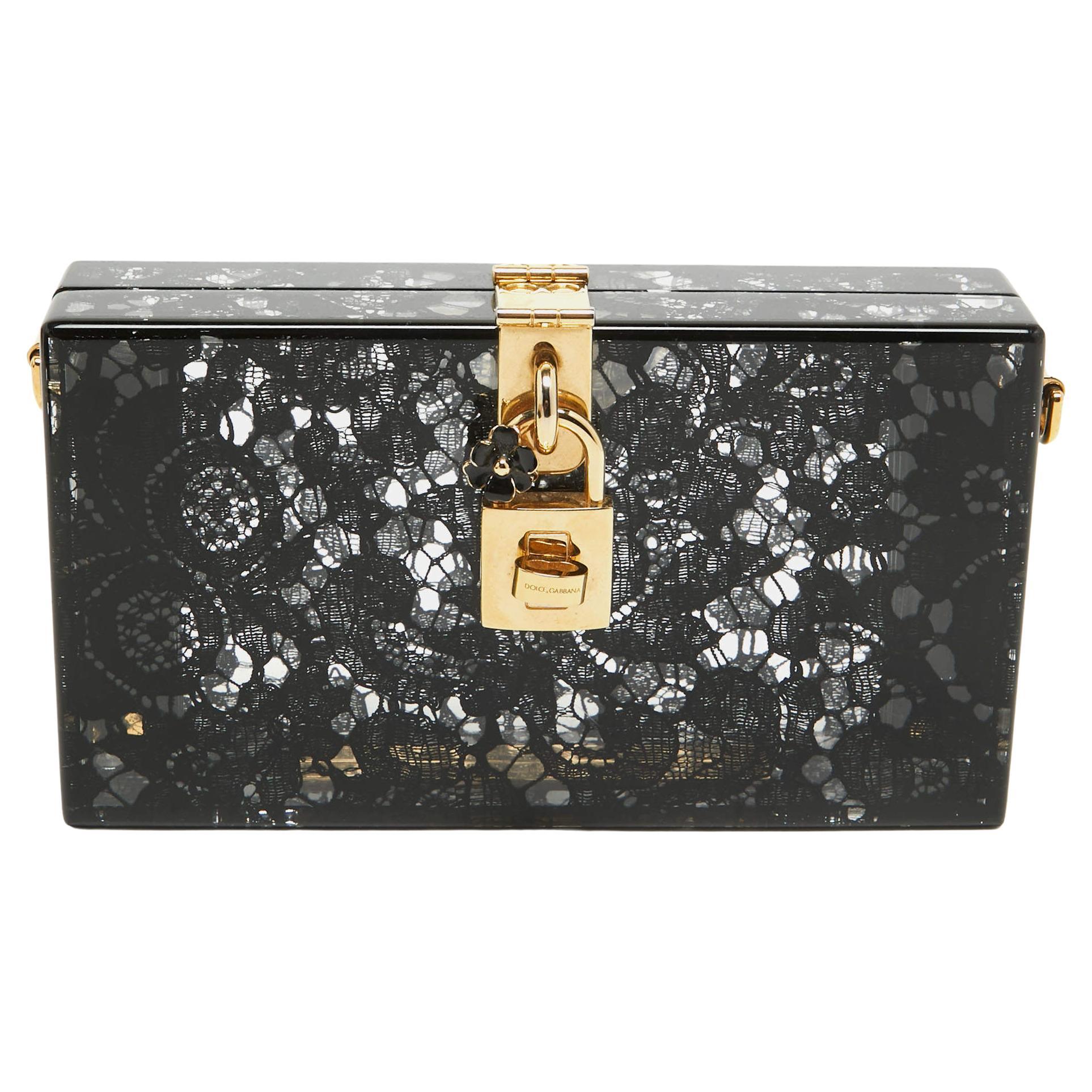 Dolce & Gabbana Black Acrylic Lace Dolce Box Clutch For Sale