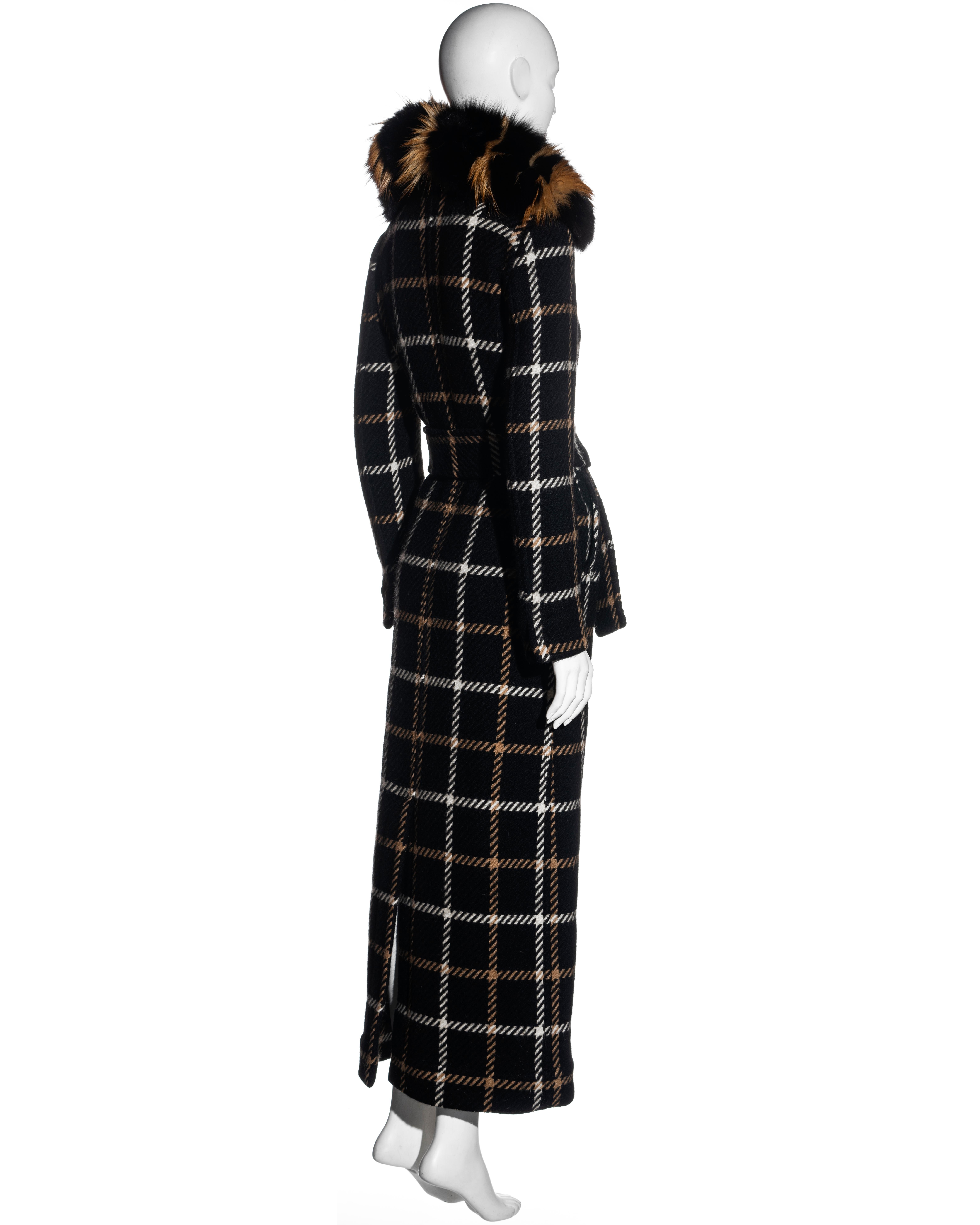 Black Dolce & Gabbana black and cream checked wool coat with fur collar, fw 1995 For Sale