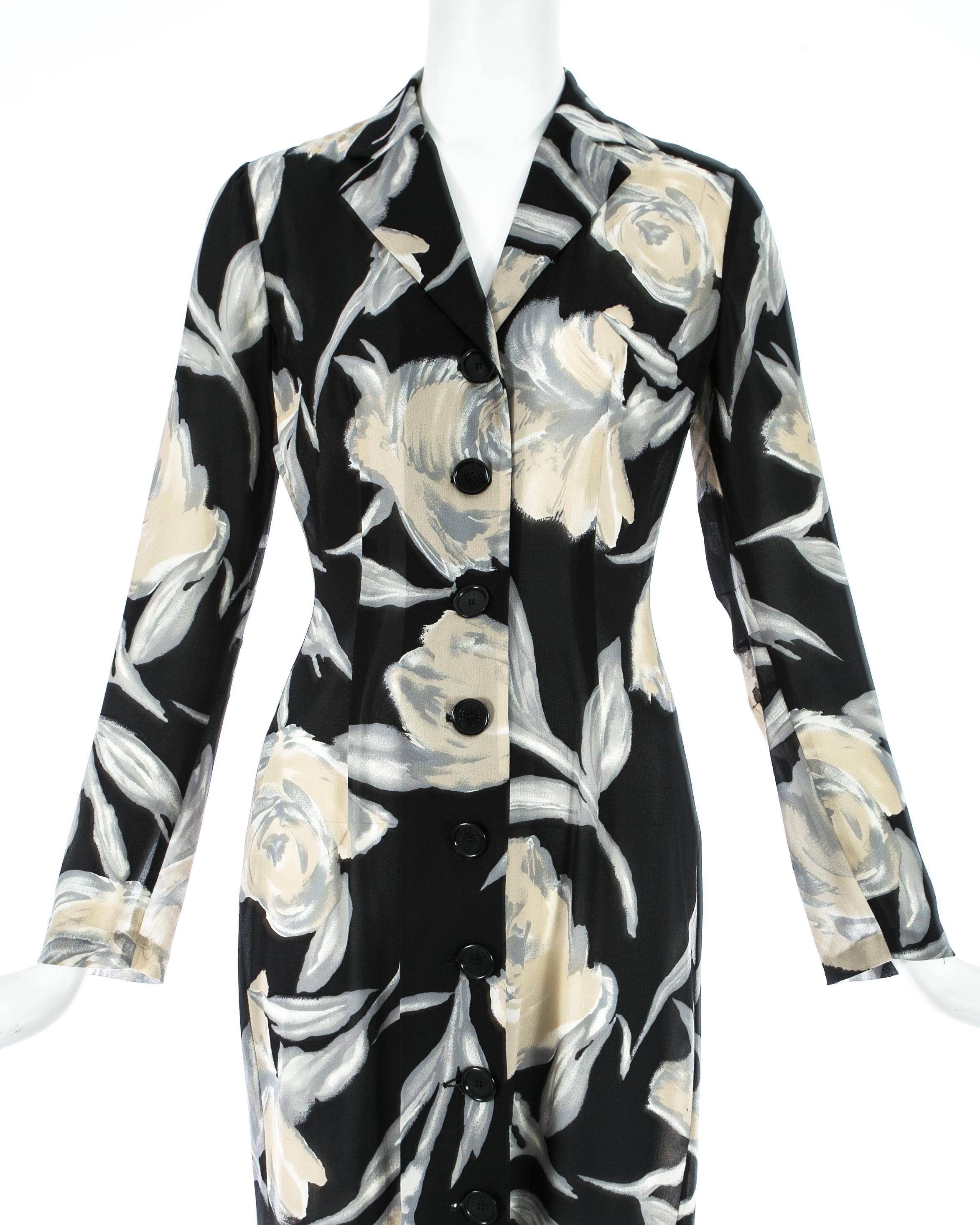 Noir Robe chemise à fleurs en soie noire et crème Dolce & Gabbana, S/S 1997 en vente