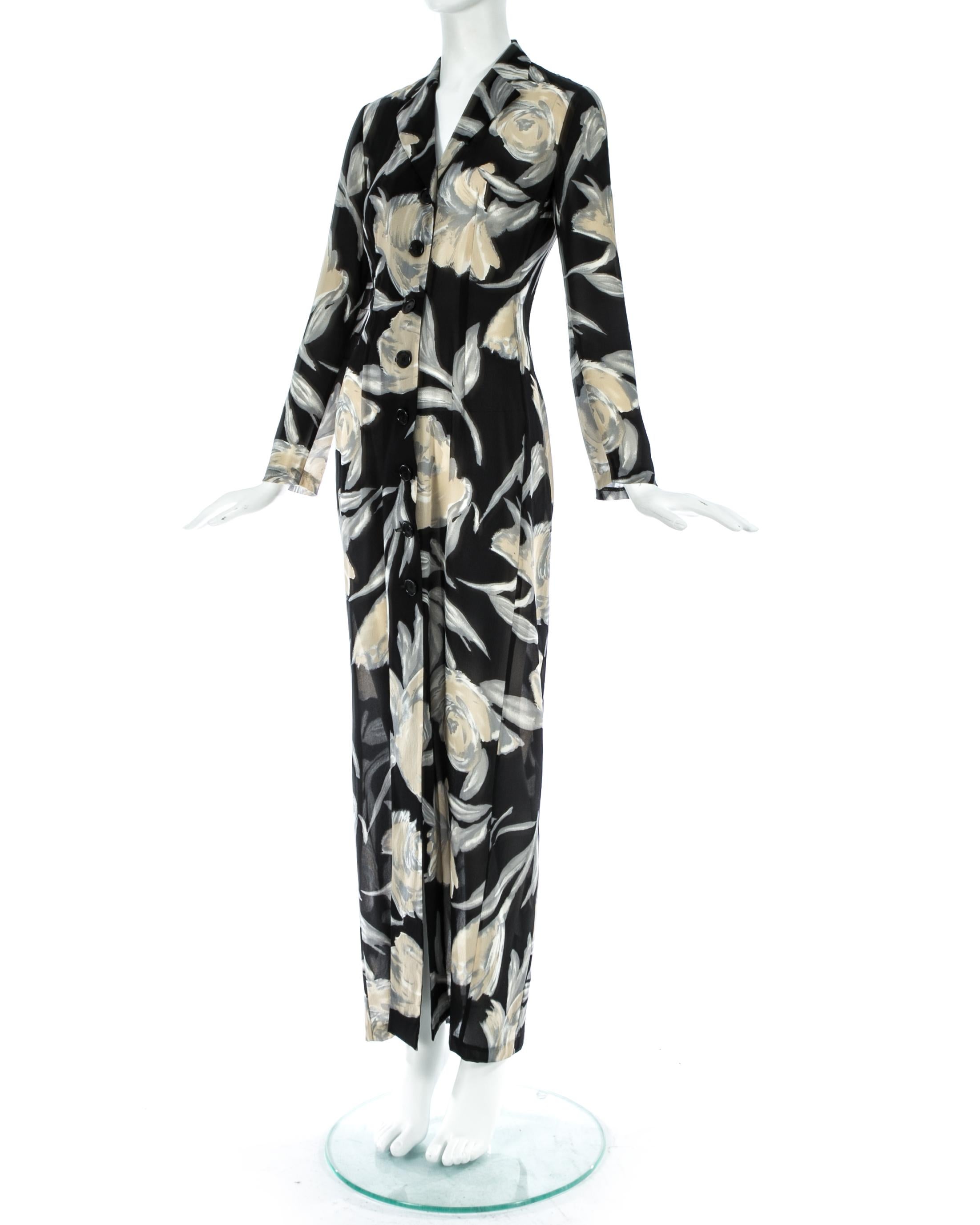 Dolce & Gabbana vestido camisero floral de seda negro y crema, S/S 1997 en Excelente estado para la venta en London, GB