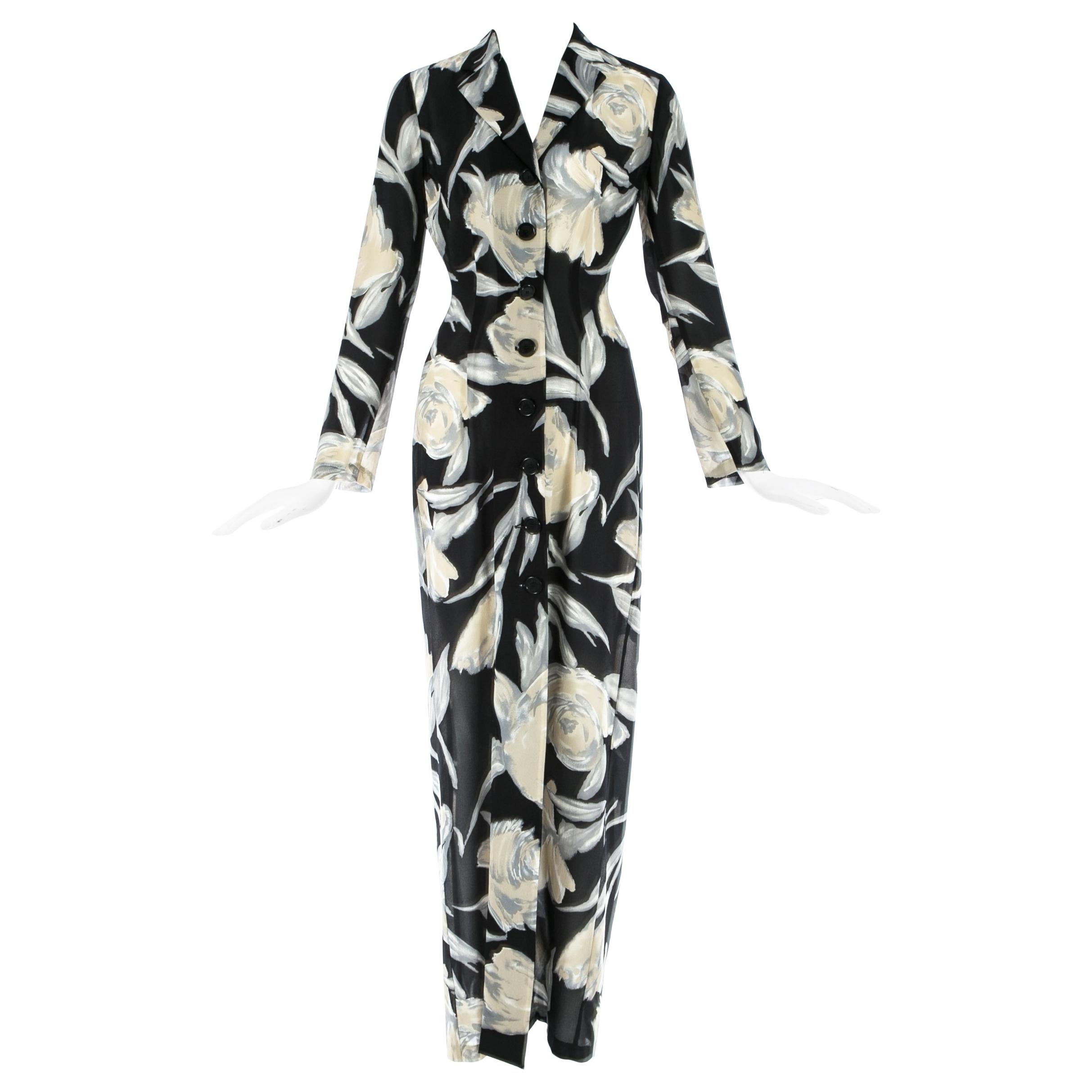 Dolce & Gabbana vestido camisero floral de seda negro y crema, S/S 1997