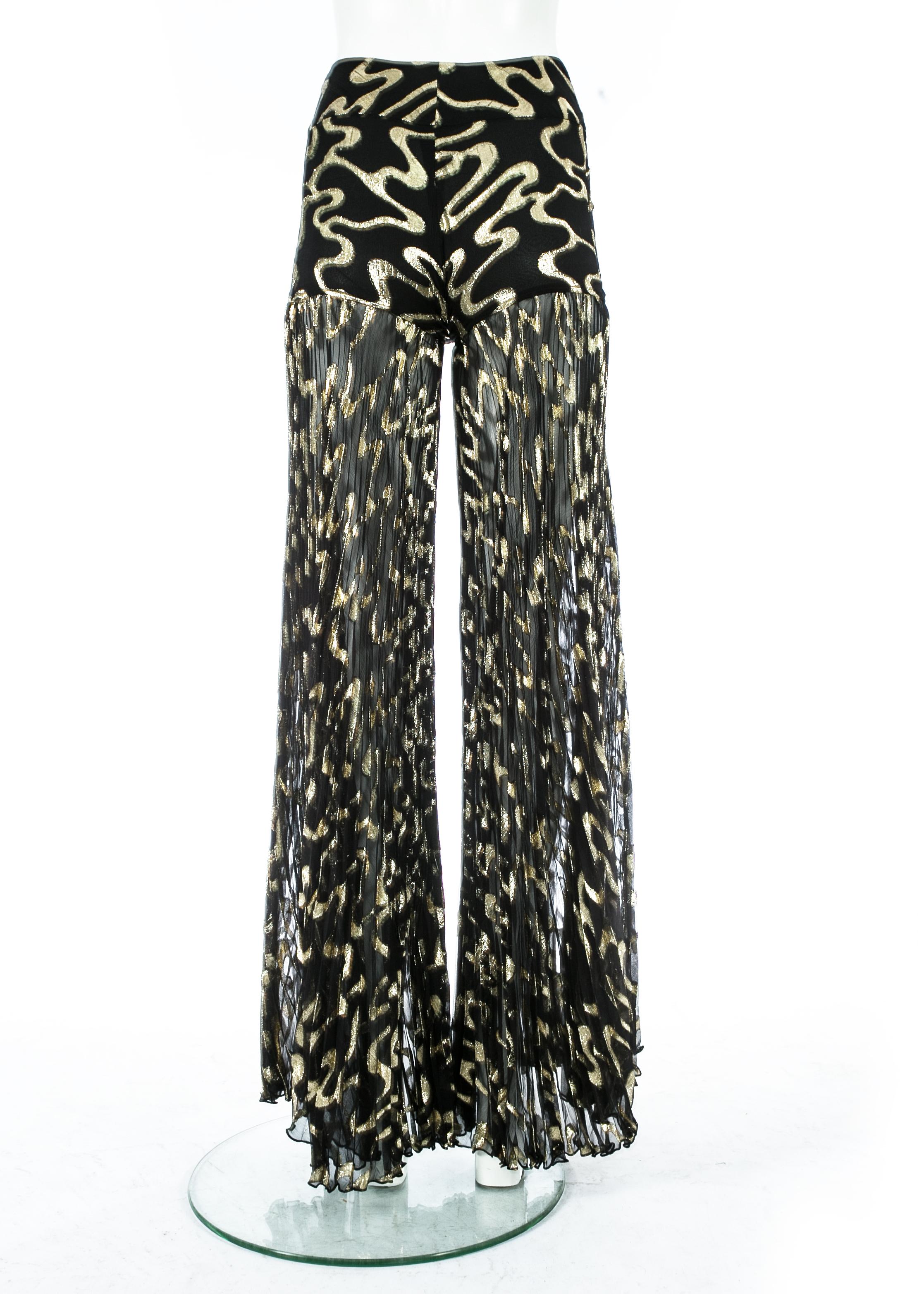 Black Dolce & Gabbana black and gold chiffon wide leg pleated evening pants, A/W 2000 For Sale