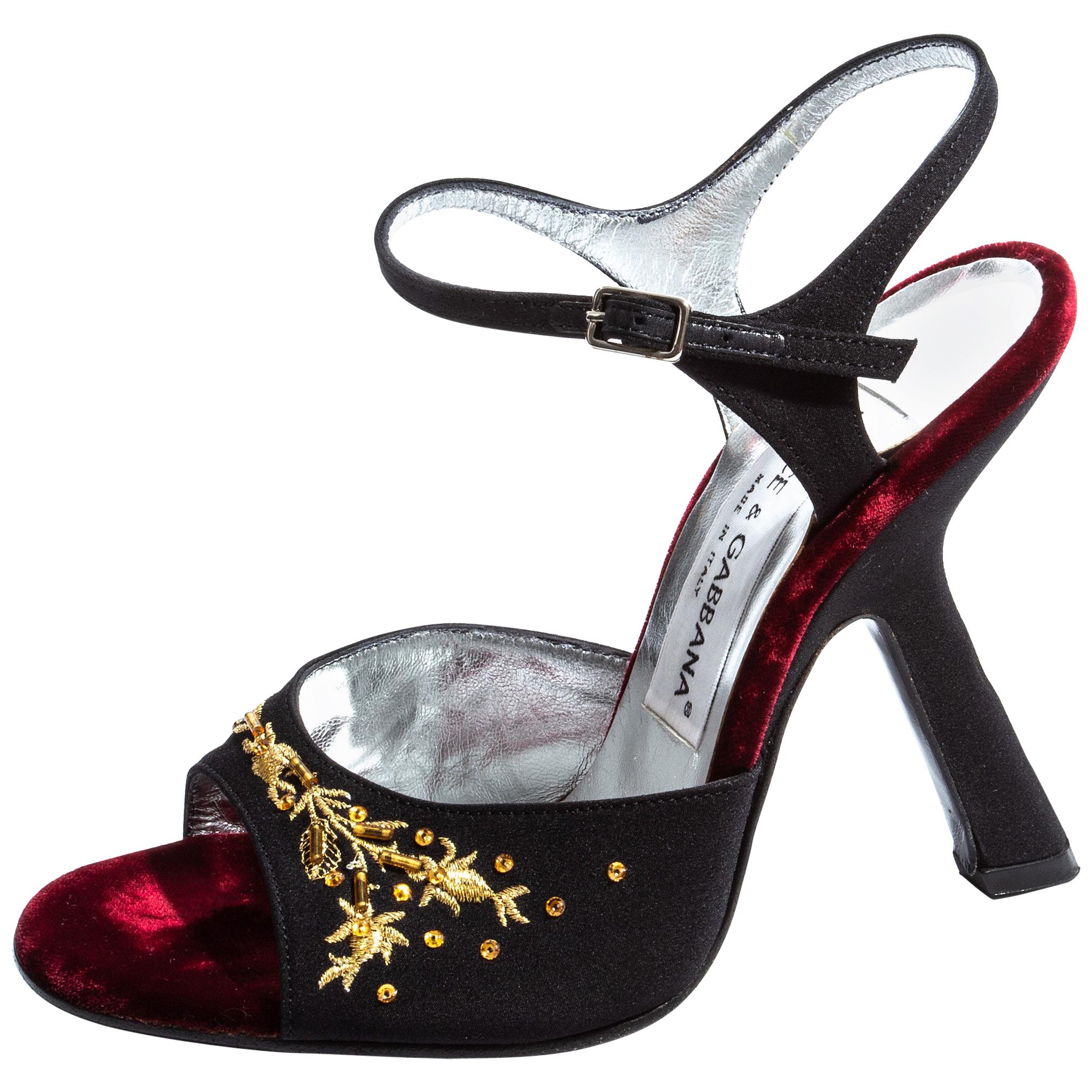 Dolce & Gabbana black and gold embroidered silk velvet evening heels, ss 1998 For Sale